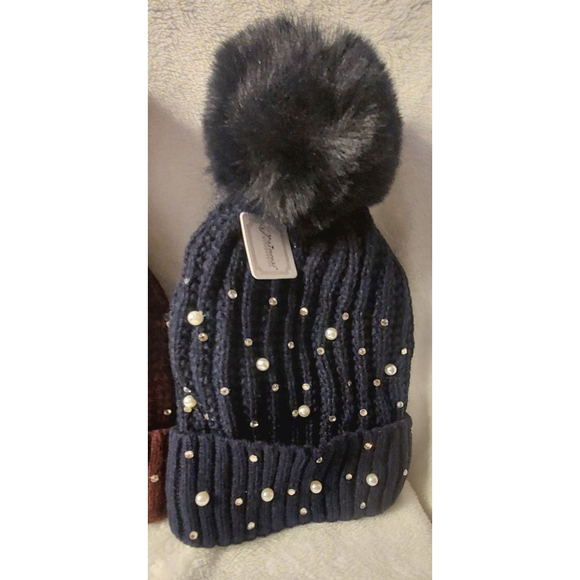 2 Beanies- Burgundy & Navy with Faux Fur Pom - Picture 3 of 6
